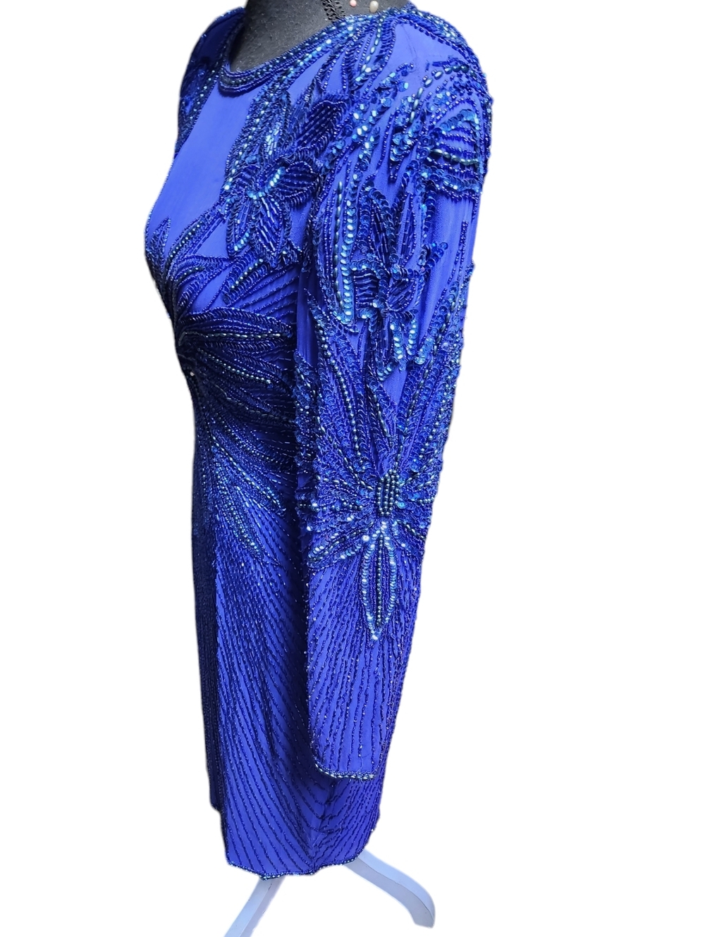 Vintage Destinee Royal Blue Long-Sleeve Beaded Cocktail Dress Size 12 - Picture 2 of 5